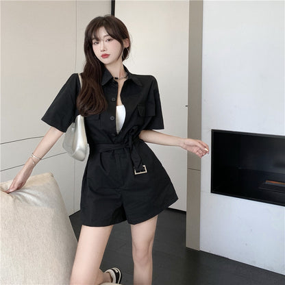 Summer New Style Casual Loose Lapel Tooling Lace-Up Jumpsuit Women Wide-Leg Shorts