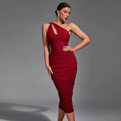 Solid Color Pleated Shoulder Fishbone Hollow Dress