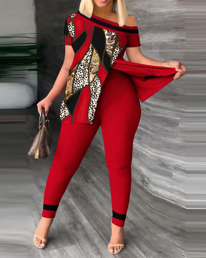 Women's Fashion Casual Slit Diagonal Collar Printing Suit