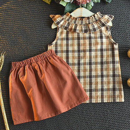 Two-piece plaid sleeveless brown skirt