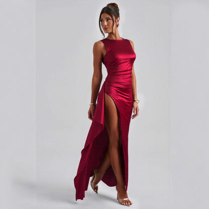 Women's Solid Color Backless Round Neck Sleeveless High Slit Dress