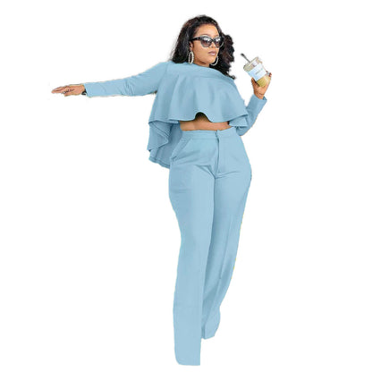 Solid Color Hollow-out Long Sleeve High Waist Wide Leg Pants Two-piece Set