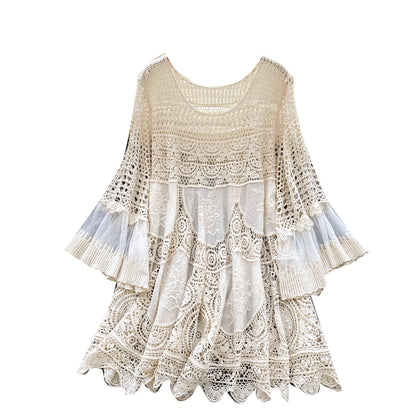 Retro Knitted Loose Hollow-out Crocheted Design Stitching Temperament Short Midi Skirt