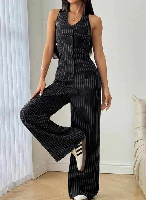 Sleeveless Front Button Casual Striped Jumpsuit
