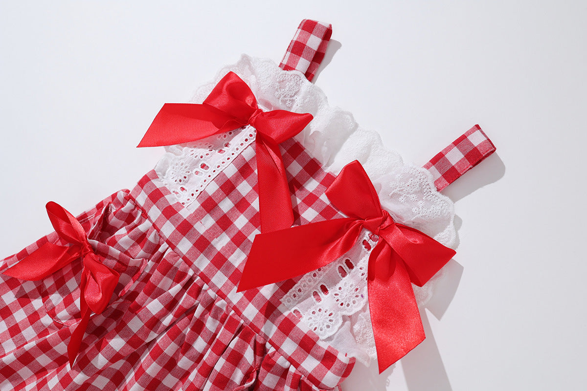 Girls' Red Plaid Bow Suspenders Princess Dress