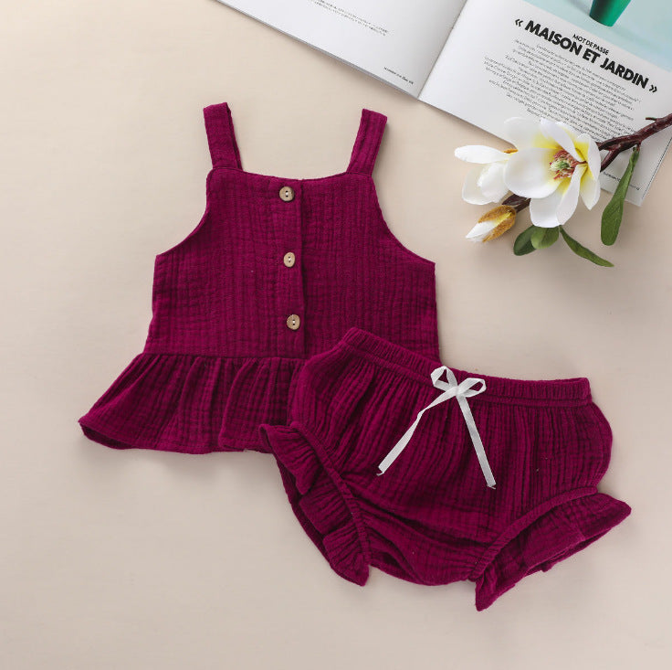 New Girls' Casual Suit Candy Color Suspender Shorts Two-piece Set