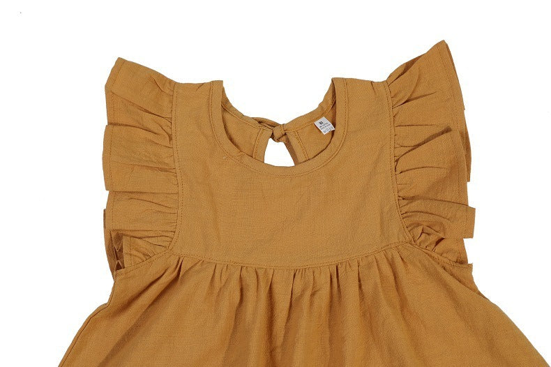 Flounced Sleeve Dress Girls' Back Collar Lace-up