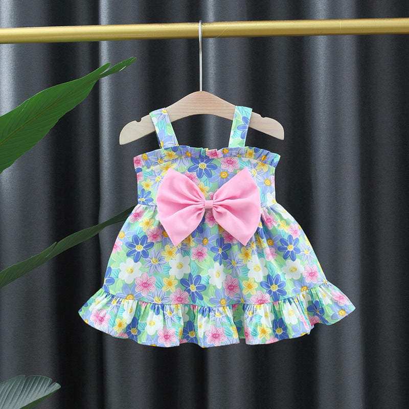 Girls' Printed Big Bow Suspender Dress
