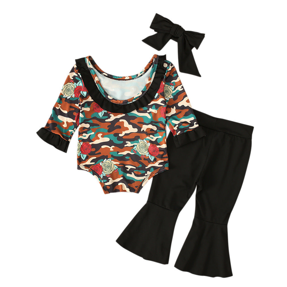 Girls Camouflage Long Sleeve Romper Black Flared Trousers Headband Set