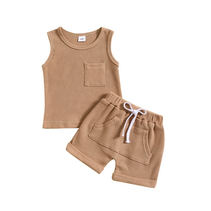 Children's Summer Korean Style Sleeveless Vest Waffle Solid Color Suit