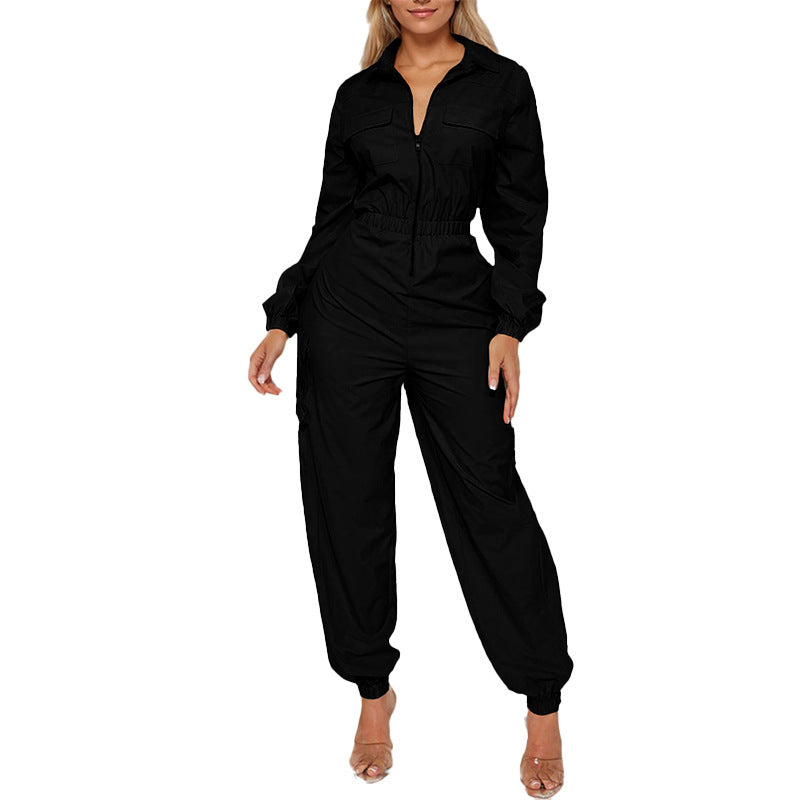 Fashion Out Coveralls Women's Flip Pocket Elastic Waist-tightening Zipper