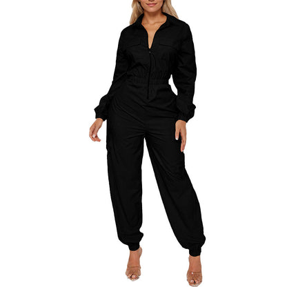 Fashion Out Coveralls Women's Flip Pocket Elastic Waist-tightening Zipper