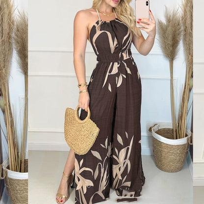 European And American New Dark Blue Printed Halter Jumpsuit