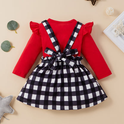 Girls' Long-sleeved Bow Suspender Skirt Suit
