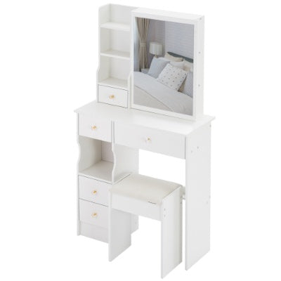 29.2 Small Space Left Drawer Desktop Vanity Table  Cushioned Stool, Extra Large Right Sliding Mirror, Multi Layer High Capacity Storage, Practical Fashionable Dresser, Suitable For Small Space