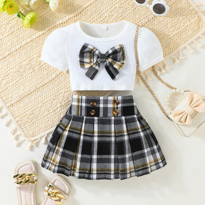 Top Plaid Bow Plaid Skirt Fashion Baby Girl Two-piece Set