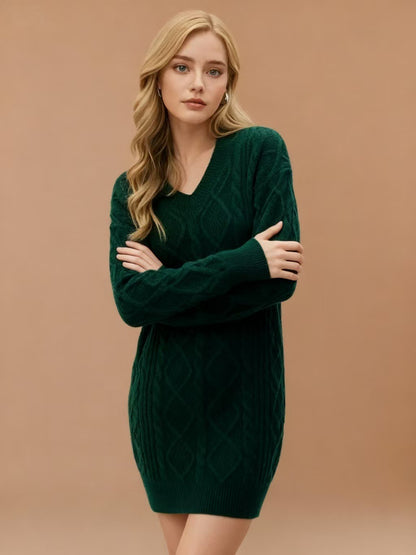 Mid-length Sweater V-neck Knitted Casual Twist Dress