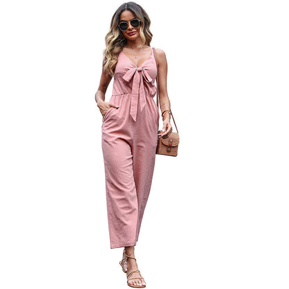 Cotton And Linen Women's Knotted Nine-quarter Pants Suspenders Wide Leg Jumpsuit