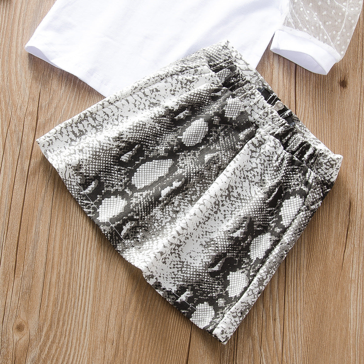 Leopard Print Skirt Suit With White Top And Mesh Sleeves