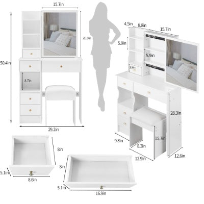 29.2 Small Space Left Drawer Desktop Vanity Table  Cushioned Stool, Extra Large Right Sliding Mirror, Multi Layer High Capacity Storage, Practical Fashionable Dresser, Suitable For Small Space