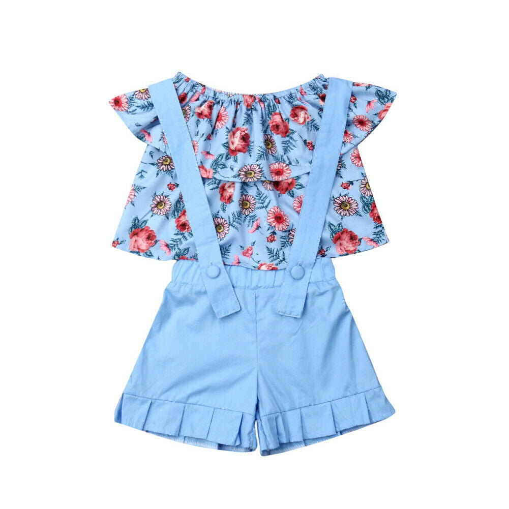 Girls SDuit Blue Floral Overalls + tube Top 2 Piece Set