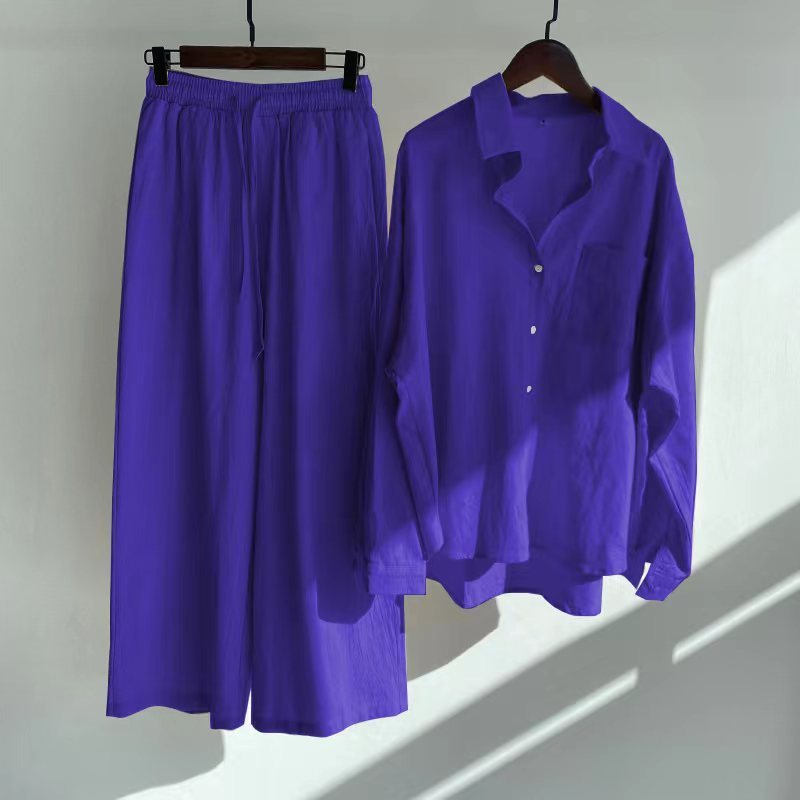 Women's 2-piece Retro Plus Size Cotton Linen Shirt Outfit High Waist Loose Trousers