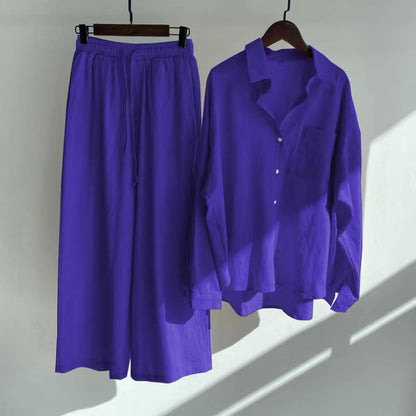 Women's 2-piece Retro Plus Size Cotton Linen Shirt Outfit High Waist Loose Trousers