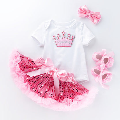Pink sequined tutu skirt short sleeve high quality cotton romper