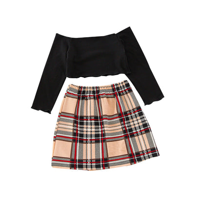 Two Piece Black Long Sleeve Top Checkered Skirt