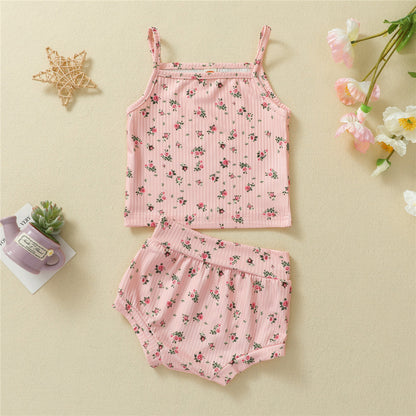 Girls Floral Pit Strip Sling Top Shorts Set