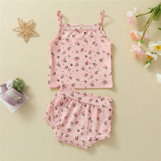 Girls Floral Pit Strip Sling Top Shorts Set