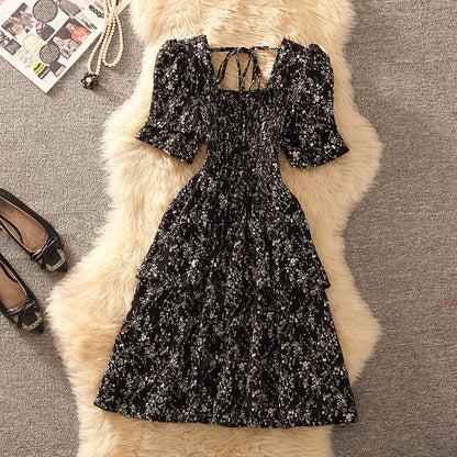 French Square Collar Floral Dress Waist Slimming Women