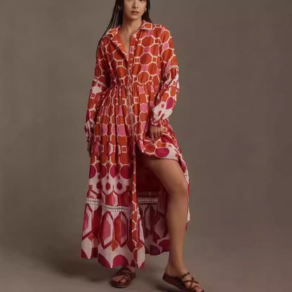 Women's Floral Print Long-sleeved Shirt Dress