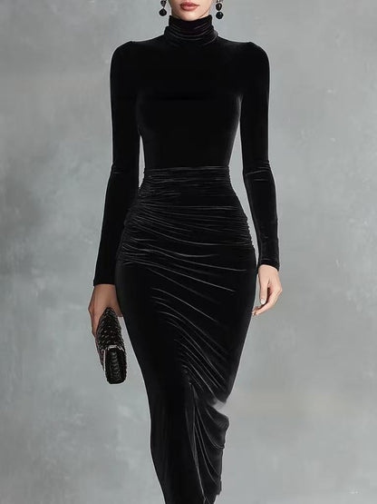 Black Velvet Sexy Half Turtleneck Dress Women