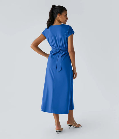 Solid Color Overlapping V-neck Short Sleeve Side Pocket Lace-up Quick-drying Mid-length Casual Dress