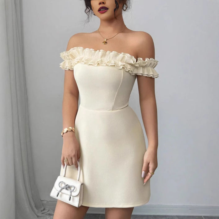 American Retro Sexy Socialite Off-neck Temperament Adult Lady Like Woman Design Sense Hip-wrapped Short Dress