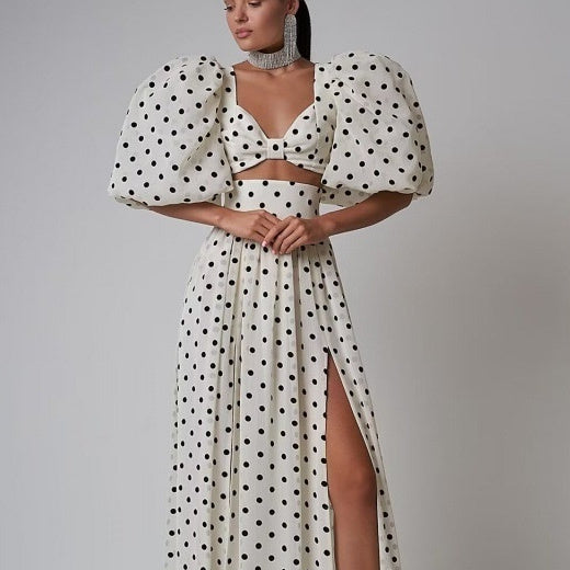 Seaside Vacation Sexy Polka Dot Split Top Mid-length Dress Set