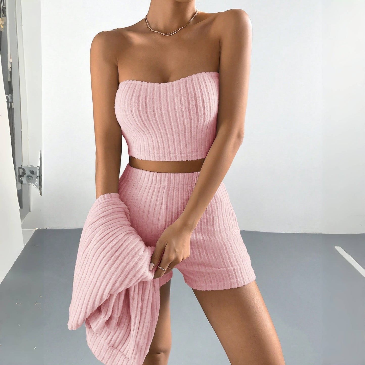 Brushed Striped Women's Pajama Three-piece Set