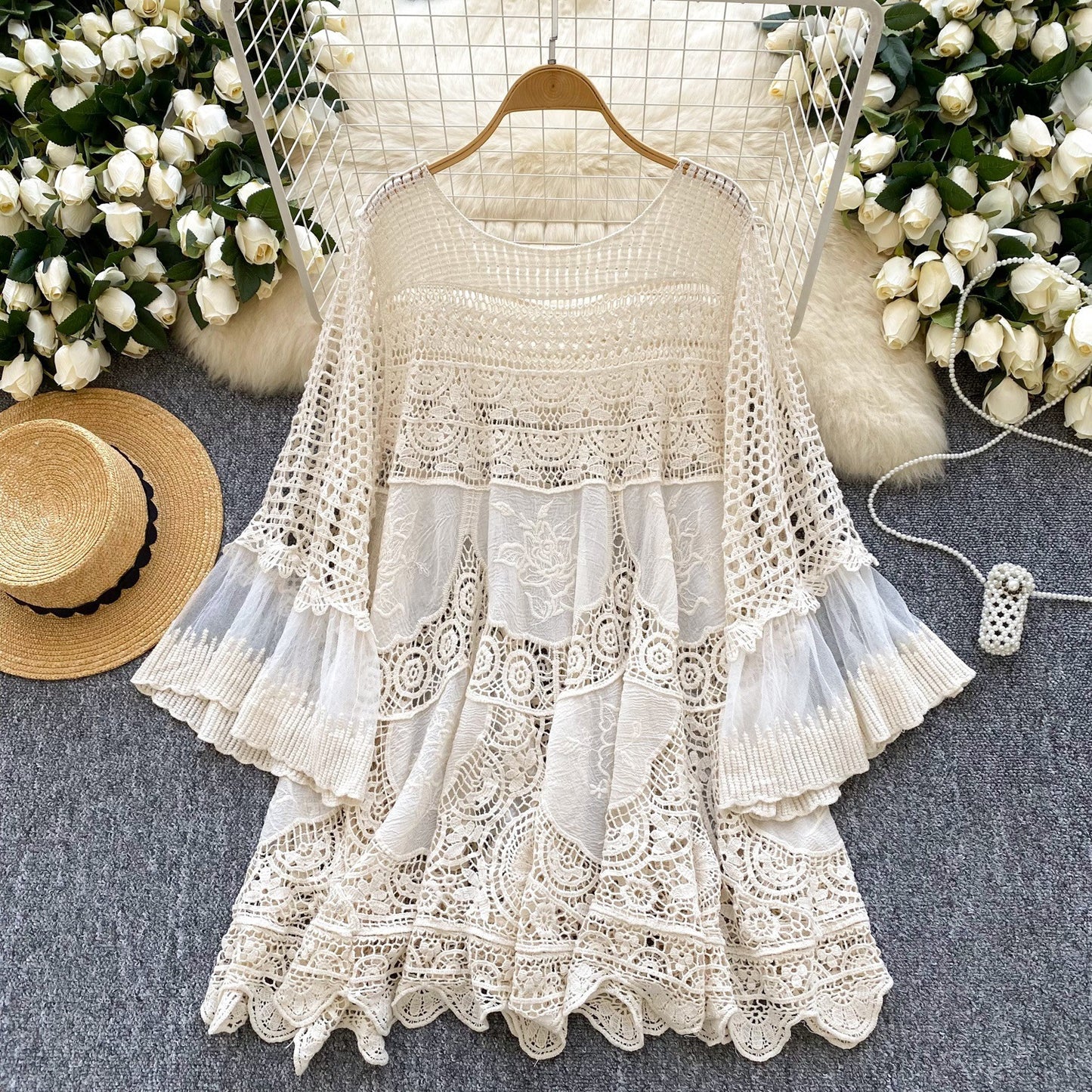 Retro Knitted Loose Hollow-out Crocheted Design Stitching Temperament Short Midi Skirt