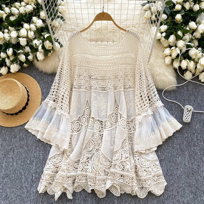 Retro Knitted Loose Hollow-out Crocheted Design Stitching Temperament Short Midi Skirt