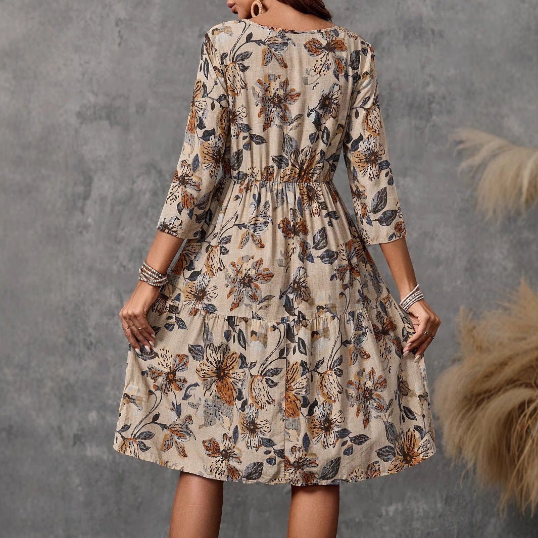 Fashion Round Neck Women's Cotton Linen Printed Dress