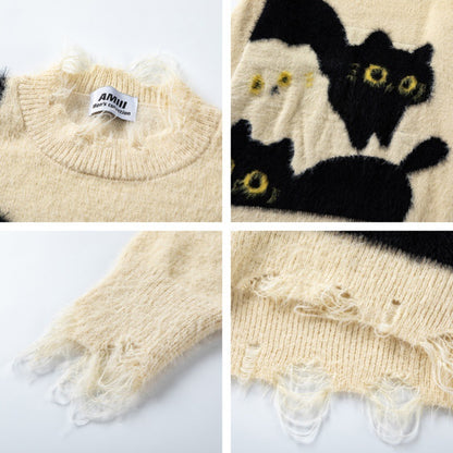 American Retro Plush Cat Ripped Tassel Design Sweater