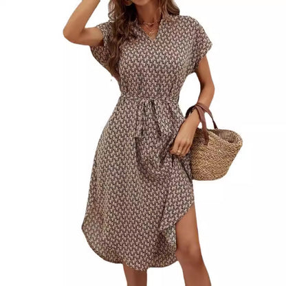 Fashion Printed Waist Control Sleeve V-neck Slim Dress