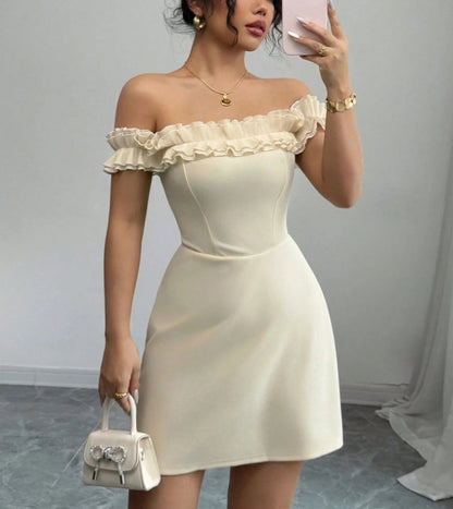 American Retro Sexy Socialite Off-neck Temperament Adult Lady Like Woman Design Sense Hip-wrapped Short Dress