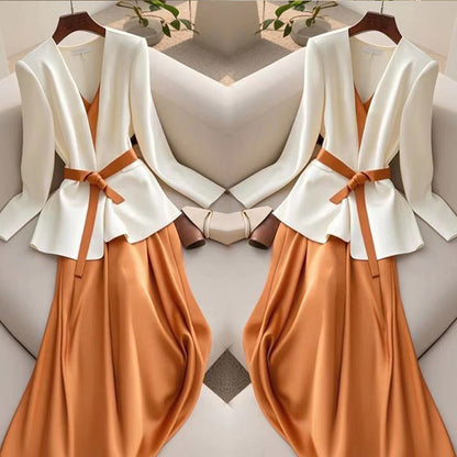 Two-piece Suit For Formal Occasions Elegant White Orange Suspender Skirt