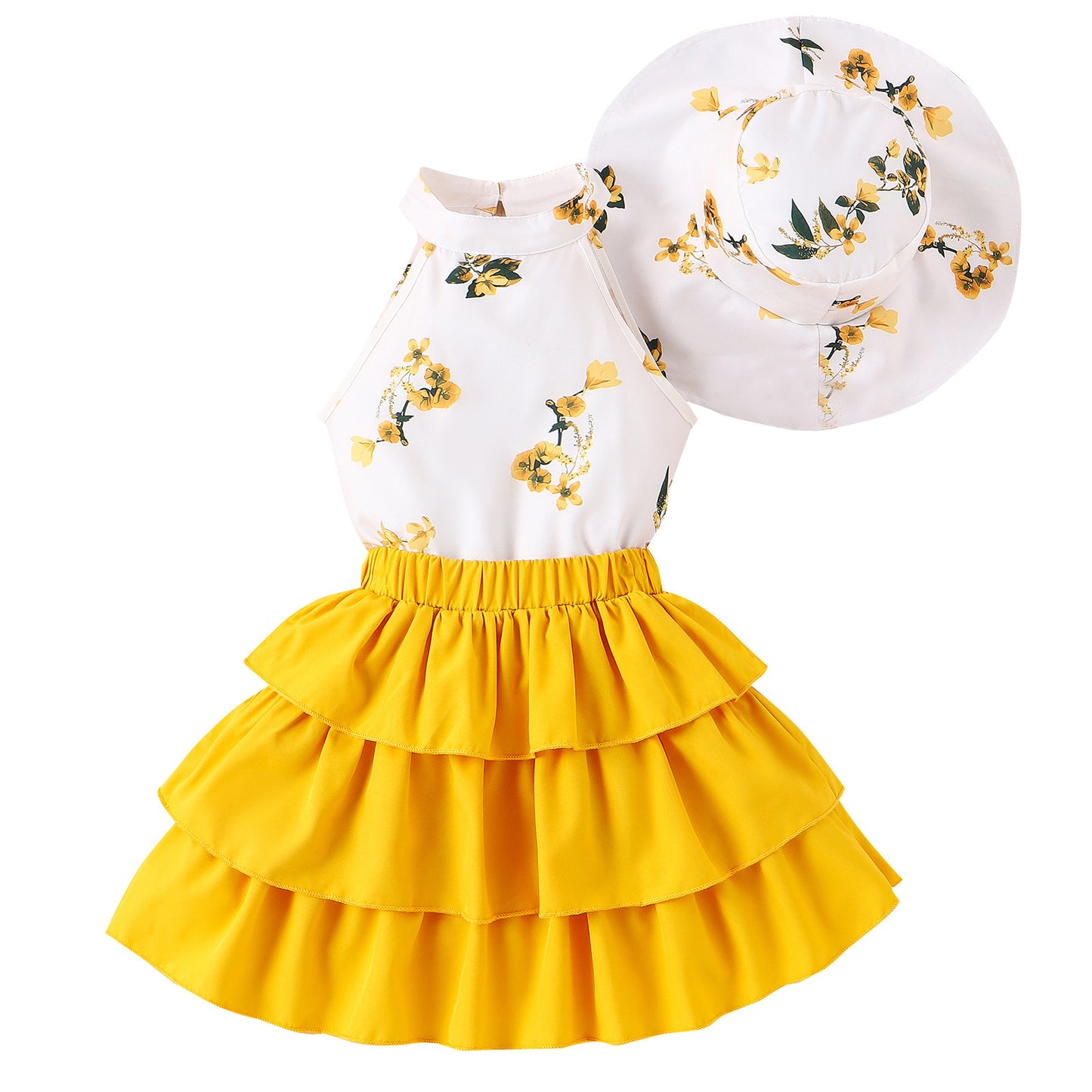 Printed Halter Top Cake Skirt With Hat Suit