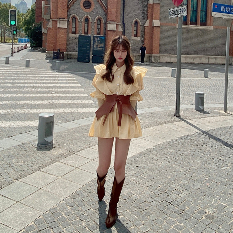 Yellow puff sleeve shirt waist dress