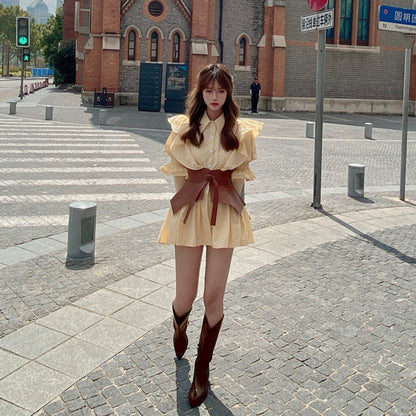 Yellow puff sleeve shirt waist dress