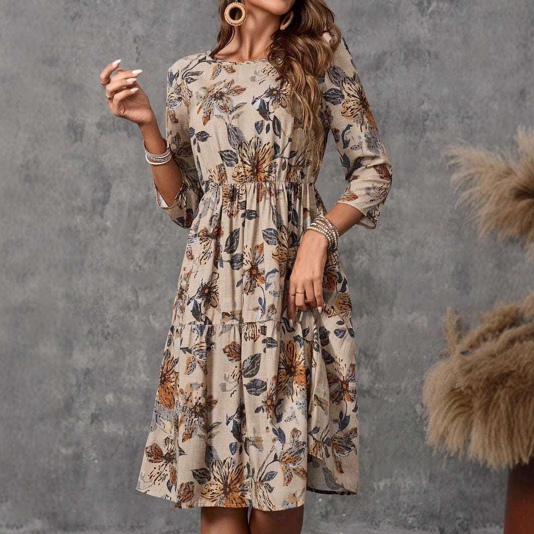 Fashion Round Neck Women's Cotton Linen Printed Dress