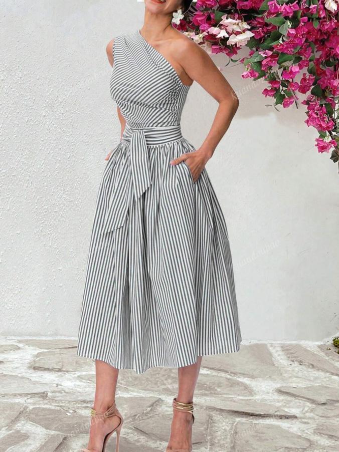 Women's Slant-shoulder Striped Dress